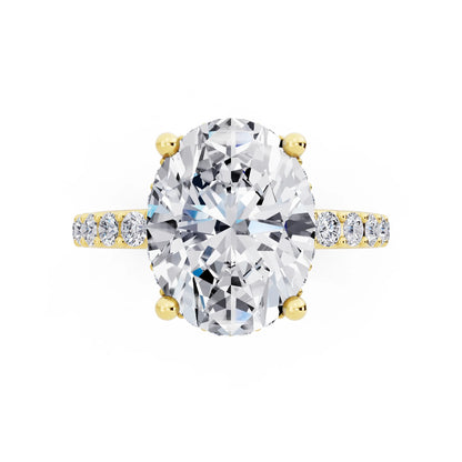 18 KT Yellow Gold Oval Cut Diamond Solitaire Ring with Hidden Halo and Pave Band - top angle