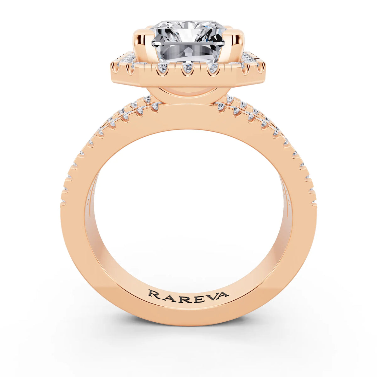 18 KT Rose Gold Radiant Cut Diamond Halo Ring with Pave Split Shank - through finger