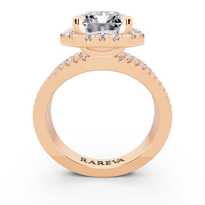 18 KT Rose Gold Radiant Cut Diamond Halo Ring with Pave Split Shank - through finger