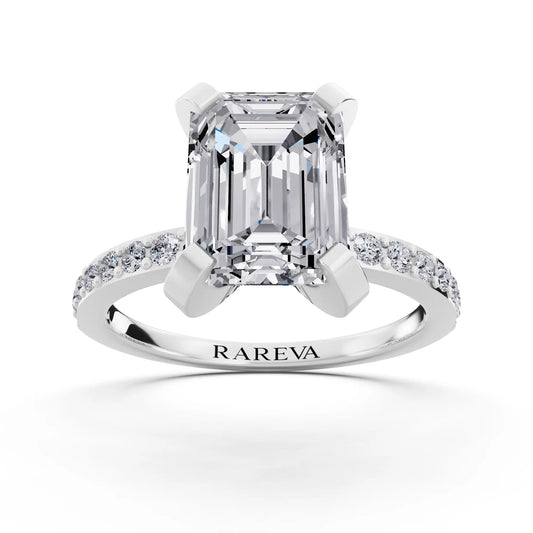 Platinum Emerald Cut Diamond Solitaire Ring with Pave Shank - front view