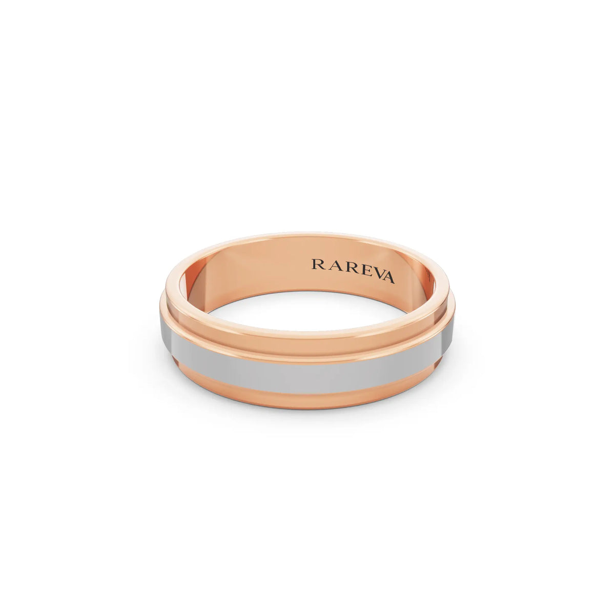14K Rose Gold Men's Raised Center Step Edge Wedding Band - 5mm - Close up