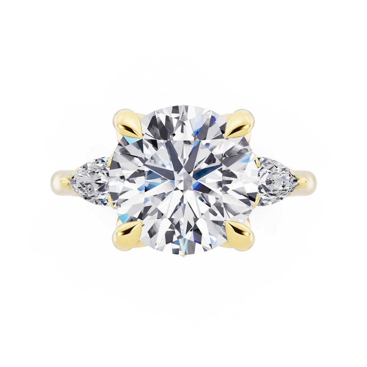 14 KT Yellow Gold Round Cut Diamond Cluster Engagement Ring with Pear Accents and Pavé Band - top angle