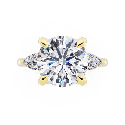 14 KT Yellow Gold Round Cut Diamond Cluster Engagement Ring with Pear Accents and Pavé Band - top angle