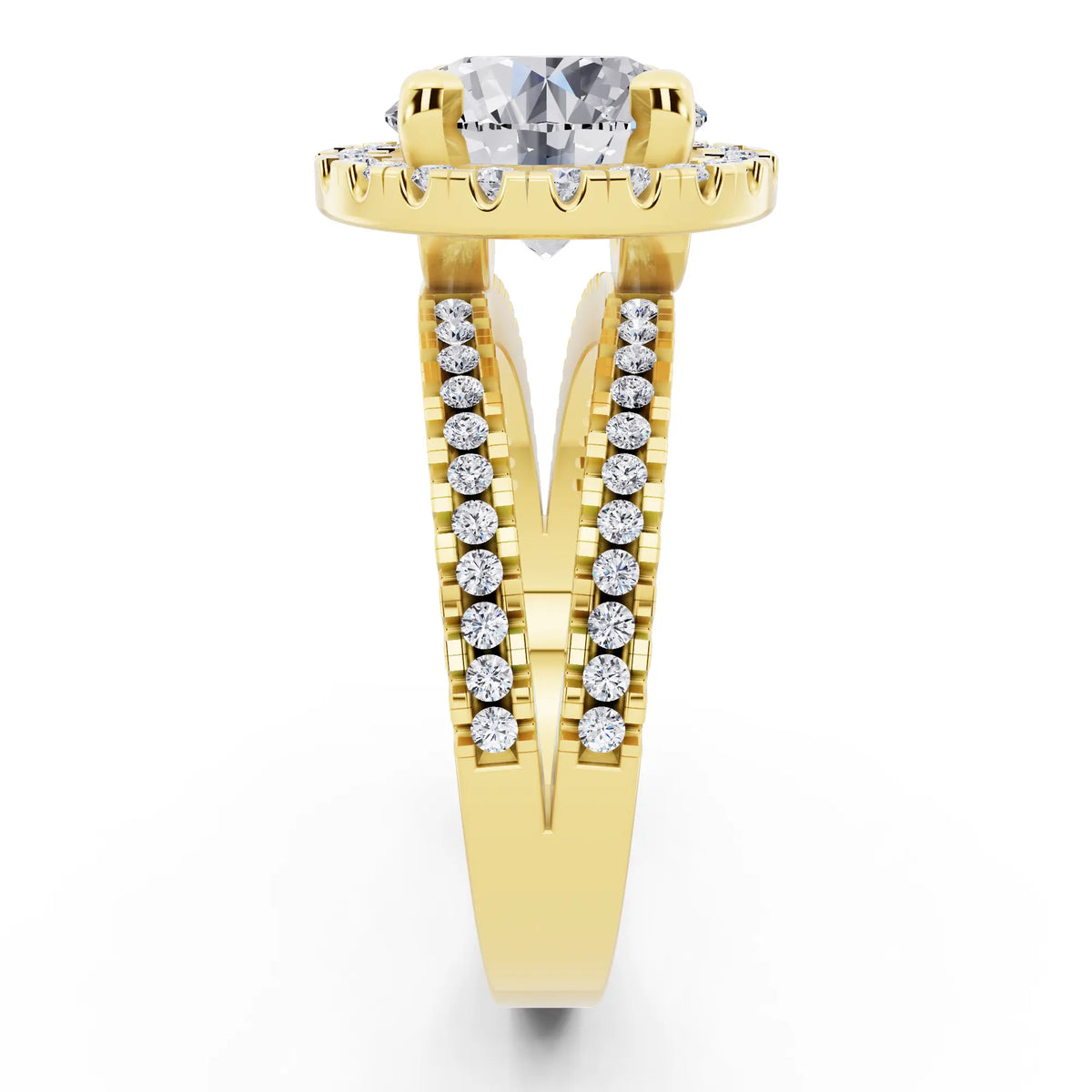 18 KT Yellow Gold Round Cut Diamond Halo Ring with Pave Split Shank - side view