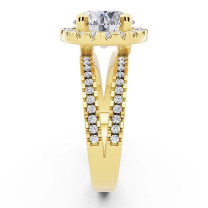 18 KT Yellow Gold Round Cut Diamond Halo Ring with Pave Split Shank - side view
