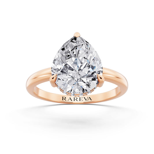 18 KT Rose Gold Pear Cut Diamond Solitaire Ring with Hidden Halo - front view