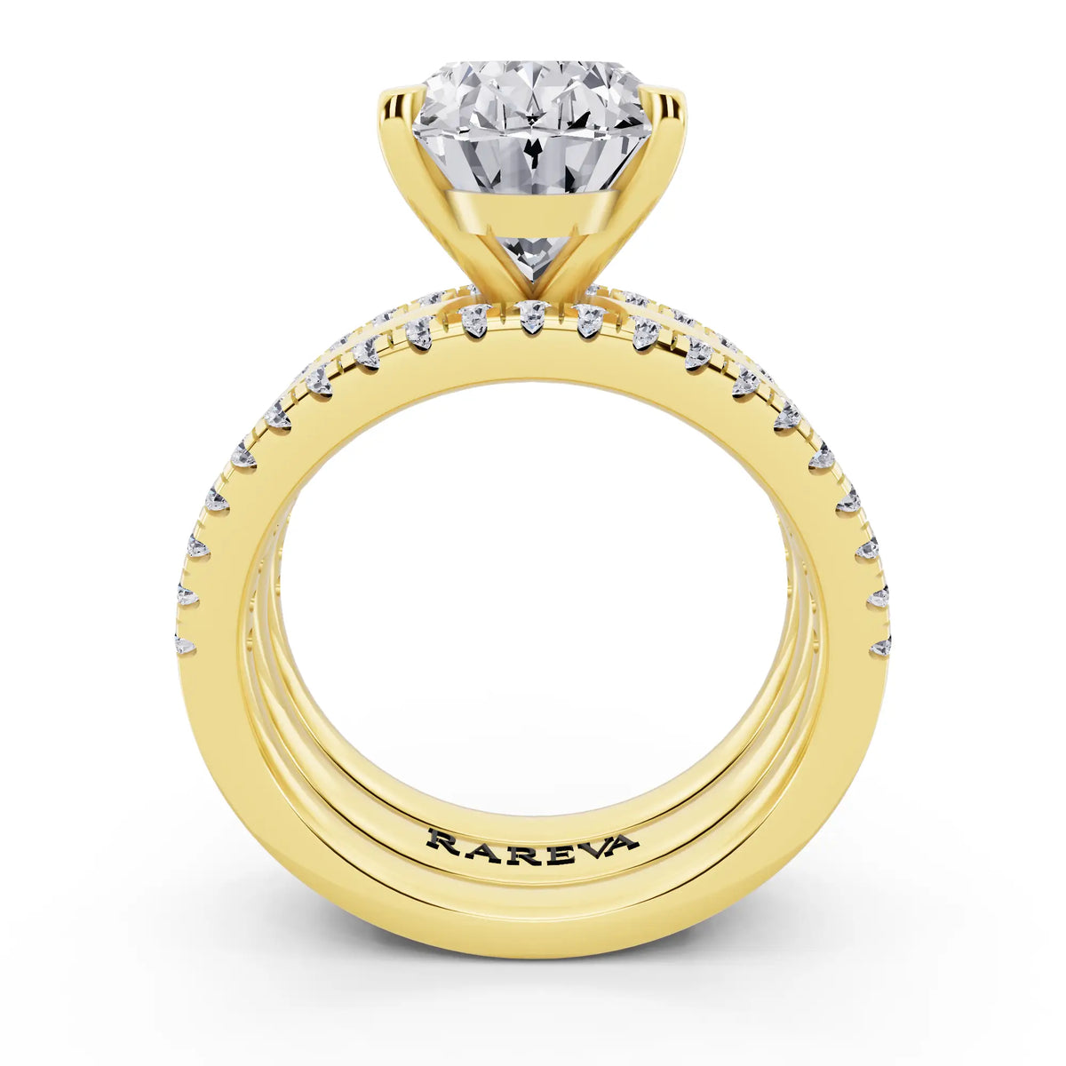 18 KT Yellow Gold Oval Cut Diamond Solitaire Twin Pave Band Stack Ring - through finger