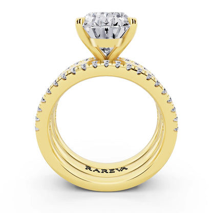 18 KT Yellow Gold Oval Cut Diamond Solitaire Twin Pave Band Stack Ring - through finger