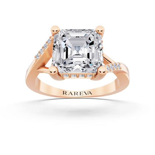 14 KT Rose Gold Asscher Cut Diamond Split Shank Engagement Ring with Hidden Halo - front view