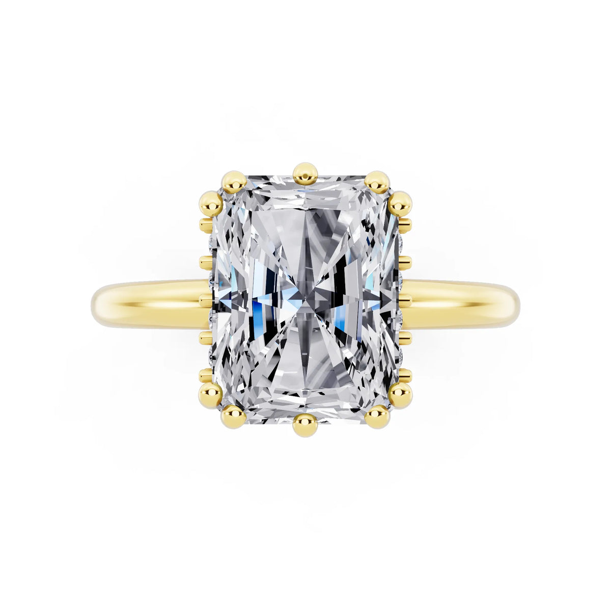 14 KT Yellow Gold Radiant Cut Diamond Solitaire Ring with Hidden Accent Basket - top angle