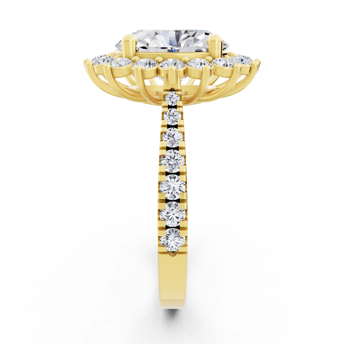 18 KT Yellow Gold Oval Cut Diamond Floral Halo Ring with Pave Band - Side view