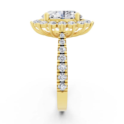 18 KT Yellow Gold Oval Cut Diamond Floral Halo Ring with Pave Band - Side view