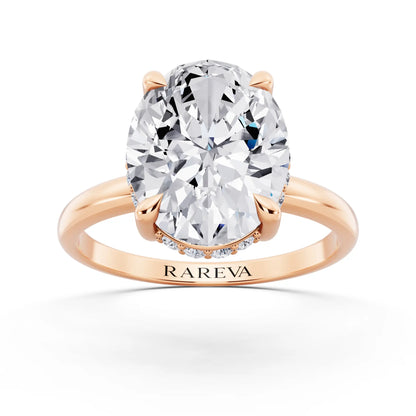 18 KT Rose Gold Oval Cut Diamond Hidden Halo Solitaire Ring - front view