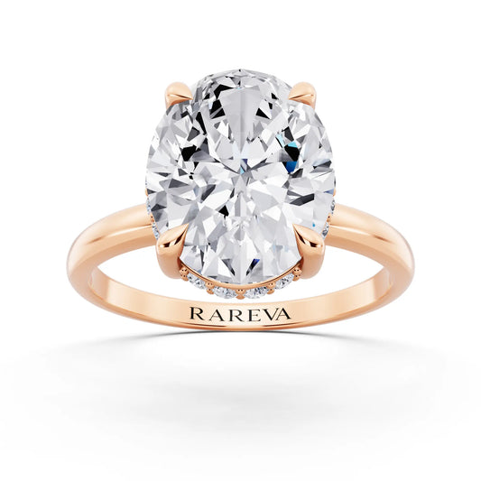18 KT Rose Gold Oval Cut Diamond Hidden Halo Solitaire Ring - front view