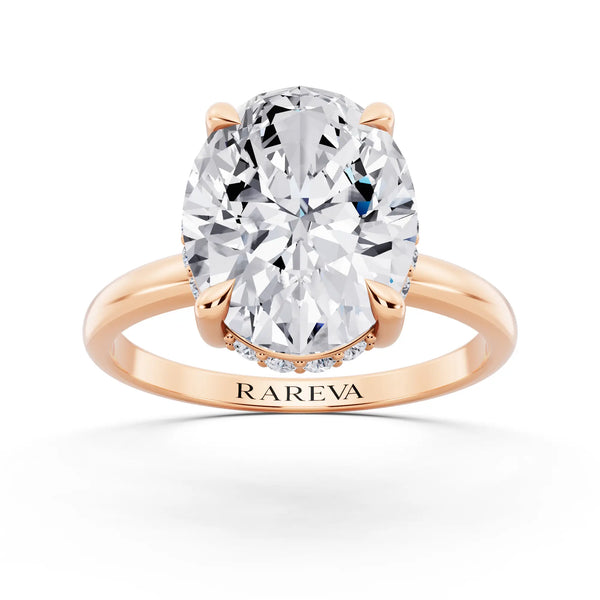 18 KT Rose Gold Oval Cut Diamond Hidden Halo Solitaire Ring