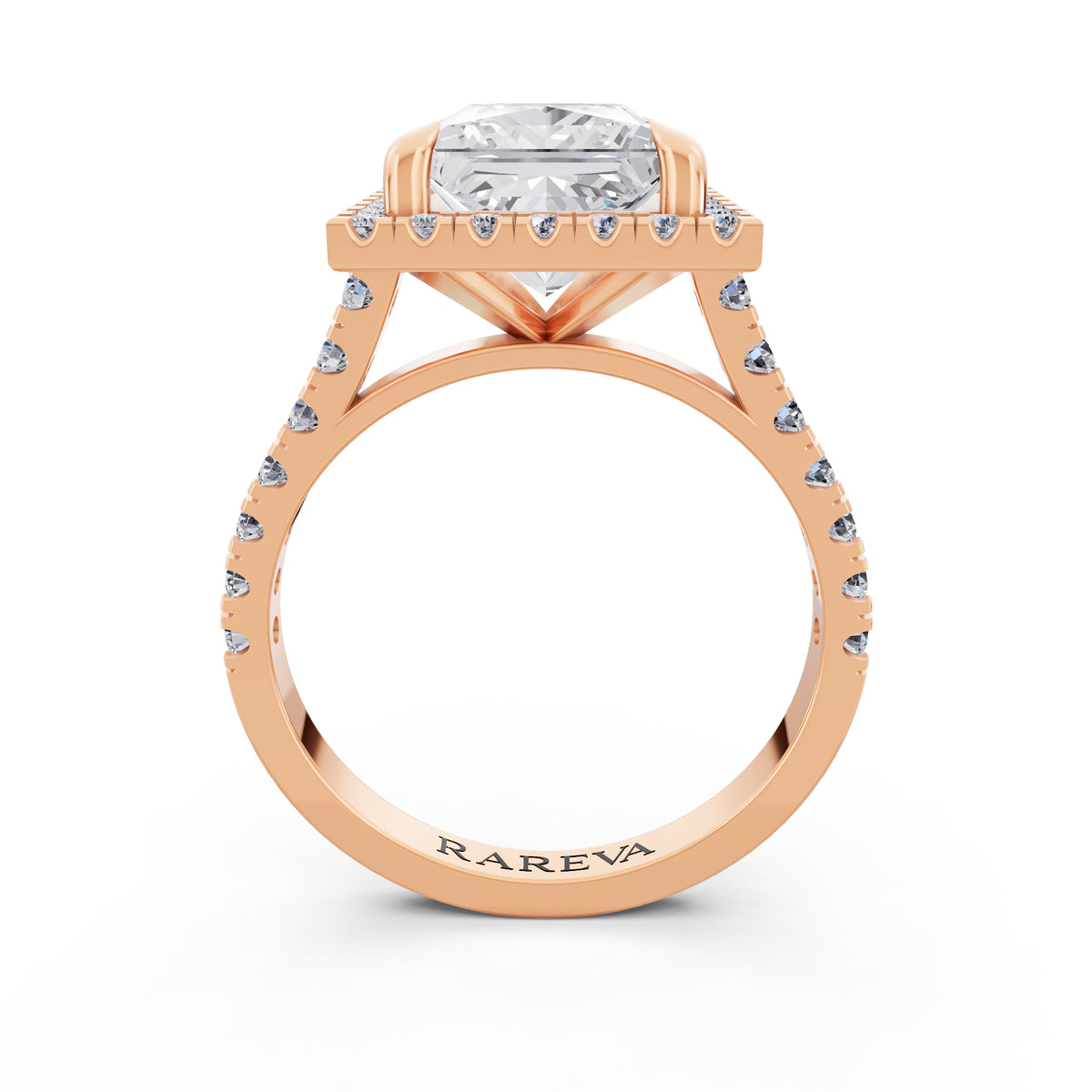 14 KT Rose Gold Princess Cut Diamond Halo Ring with Pave Cathedral Band - Through