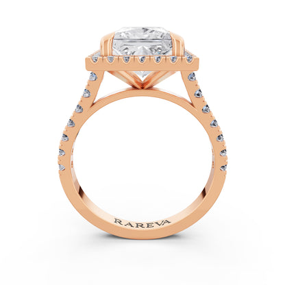 14 KT Rose Gold Princess Cut Diamond Halo Ring with Pave Cathedral Band - Through