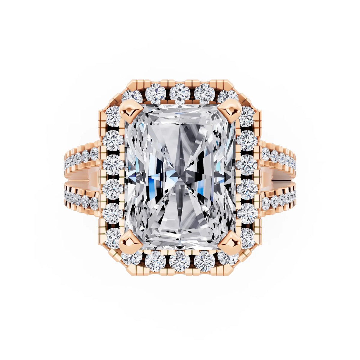 18 KT Rose Gold Radiant Cut Diamond Halo Ring with Pave Split Shank - top angle
