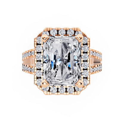 18 KT Rose Gold Radiant Cut Diamond Halo Ring with Pave Split Shank - top angle