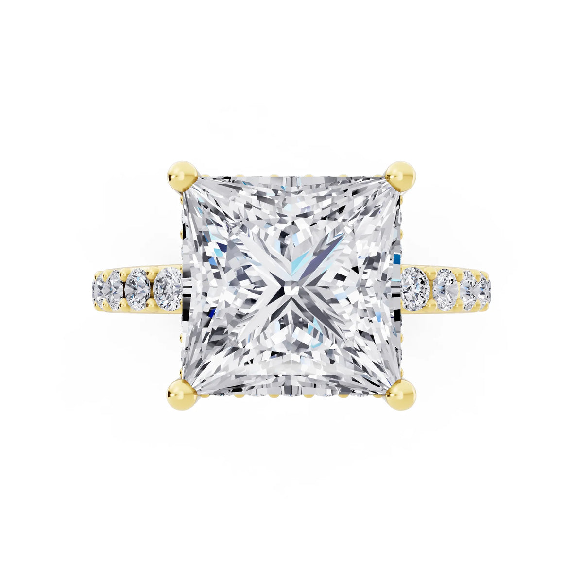 18 KT Yellow Gold Princess Cut Diamond Solitaire Ring with Hidden Halo and Pave Band - top angle