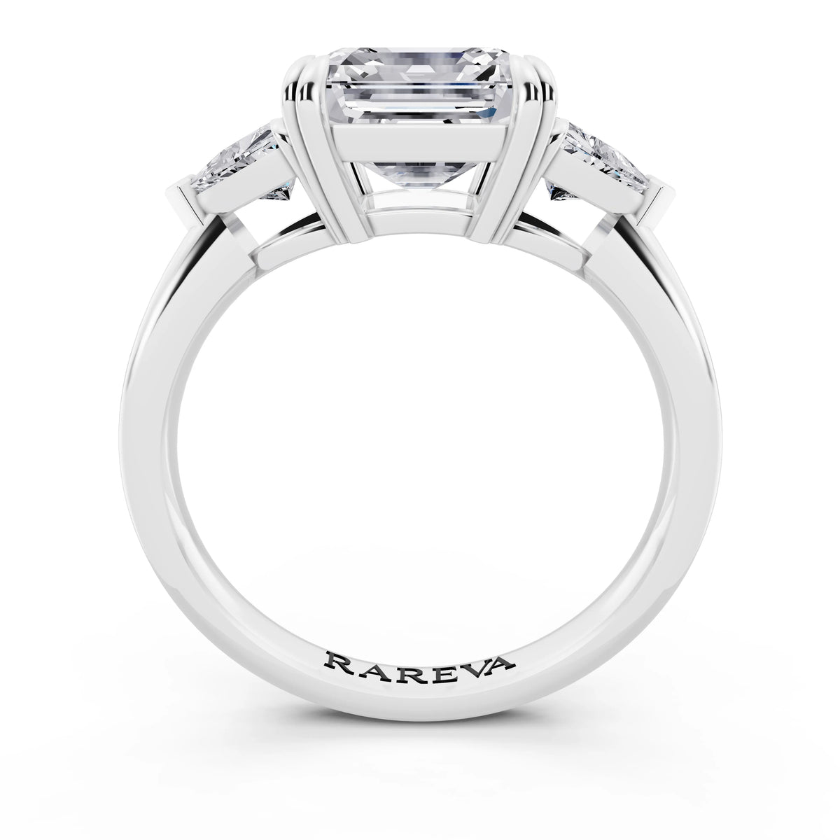 14 KT White Gold Asscher Cut Diamond Three Stone Ring with Trillion Accents - through finger