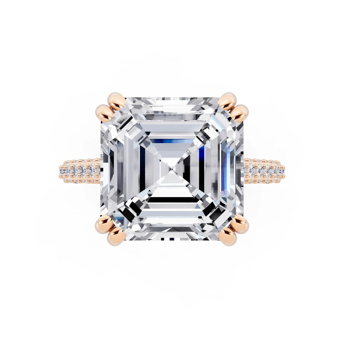 14 KT Rose Gold Asscher Cut Diamond Hidden Halo Double Claw Pave Band Ring - top angle
