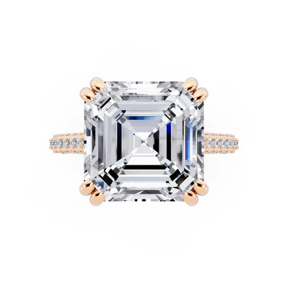 14 KT Rose Gold Asscher Cut Diamond Hidden Halo Double Claw Pave Band Ring - top angle