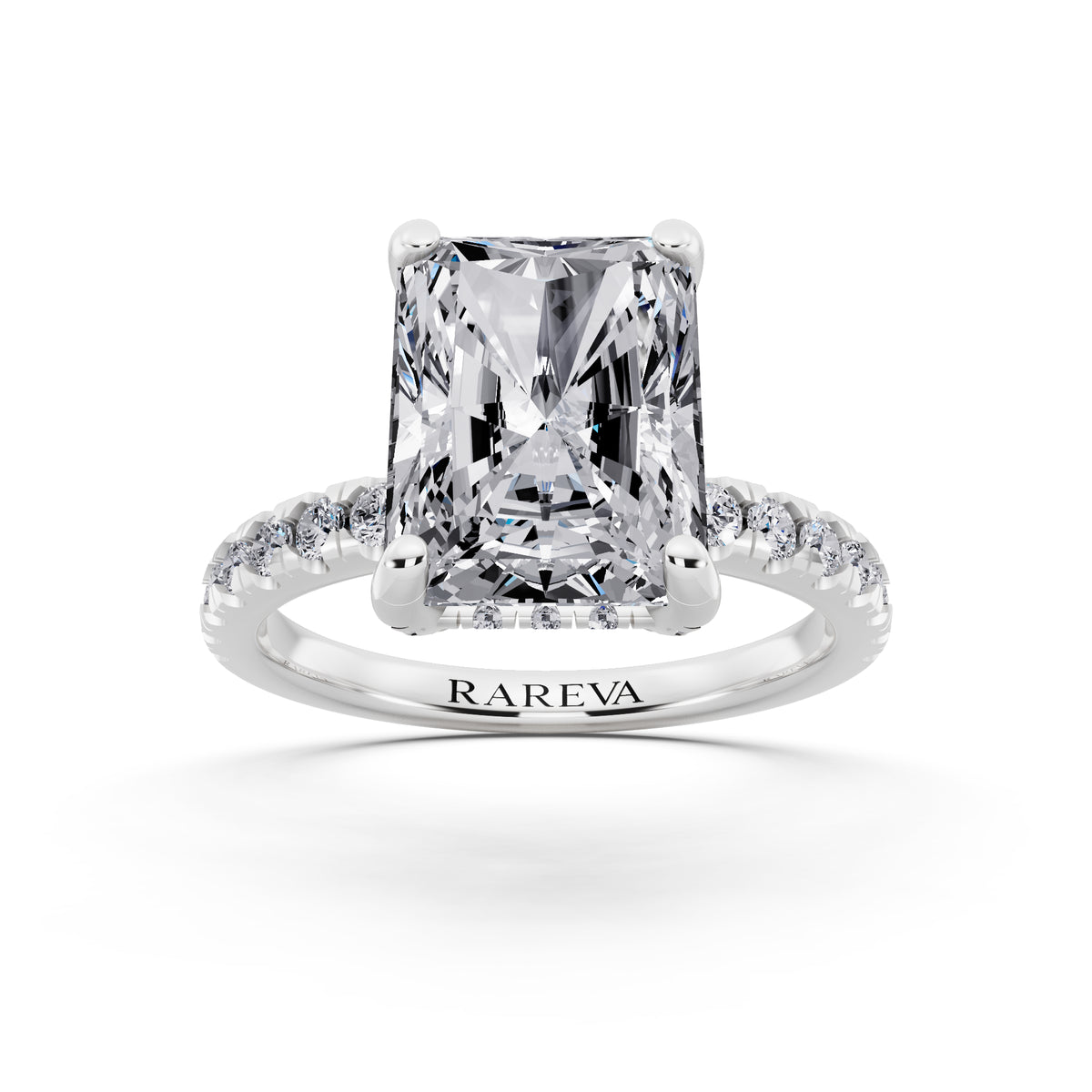18 KT White Gold Radiant Cut Diamond Hidden Halo Ring with Pave Shank - front view