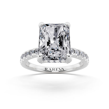 18 KT White Gold Radiant Cut Diamond Hidden Halo Ring with Pave Shank - front view