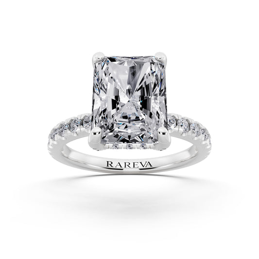 18 KT White Gold Radiant Cut Diamond Hidden Halo Ring with Pave Shank - front view