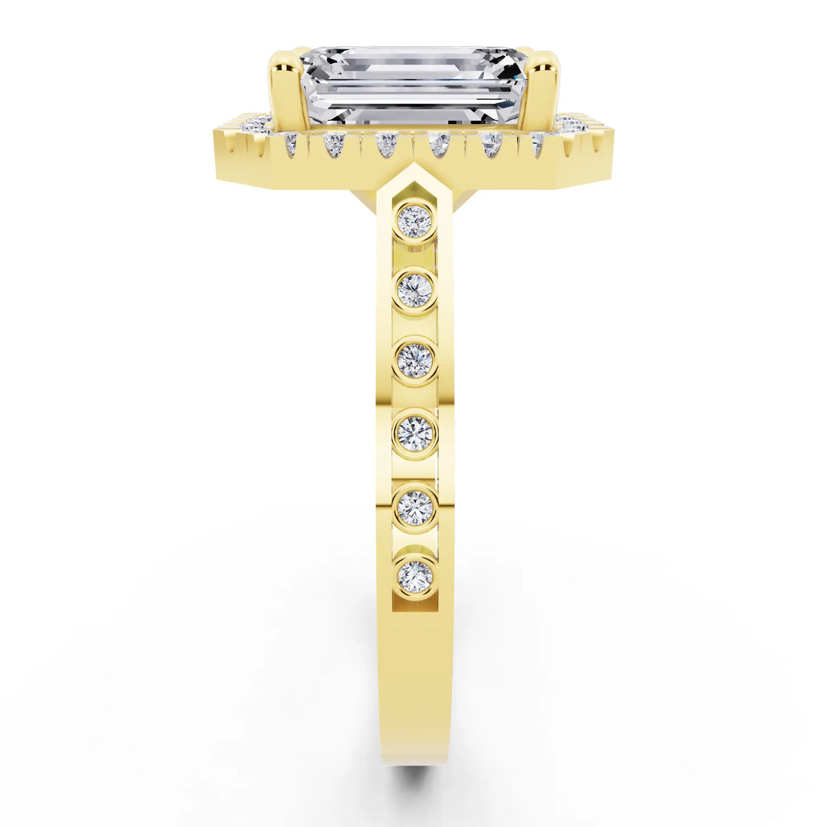 14 KT Yellow Gold Emerald Cut Diamond Halo Ring with Bezel Accent Band - side view