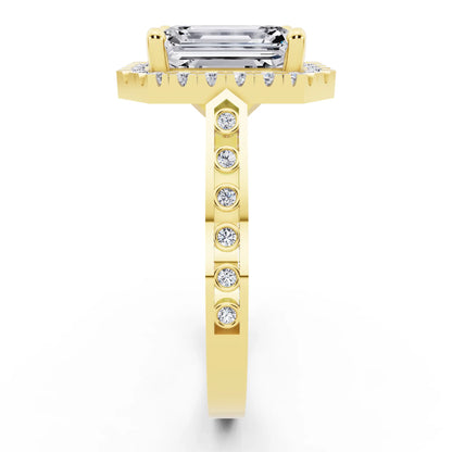 14 KT Yellow Gold Emerald Cut Diamond Halo Ring with Bezel Accent Band - side view