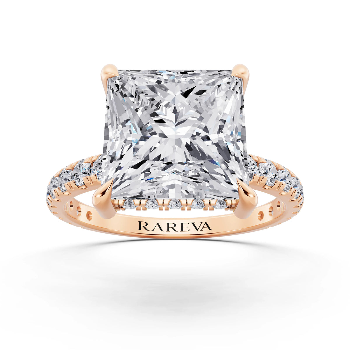 18 KT Rose Gold Princess Cut Diamond Solitaire Ring with Hidden Halo and French Pave Band - front view
