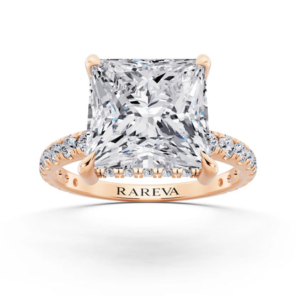 18 KT Rose Gold Princess Cut Diamond Solitaire Ring with Hidden Halo and French Pave Band - front view