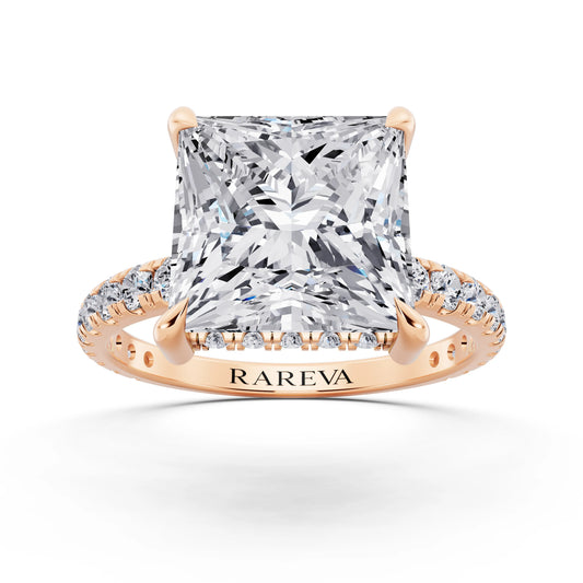 18 KT Rose Gold Princess Cut Diamond Solitaire Ring with Hidden Halo and French Pave Band - front view