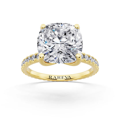 18 KT Yellow Gold Cushion Cut Diamond Solitaire Ring with Pave Eternity Band - front view