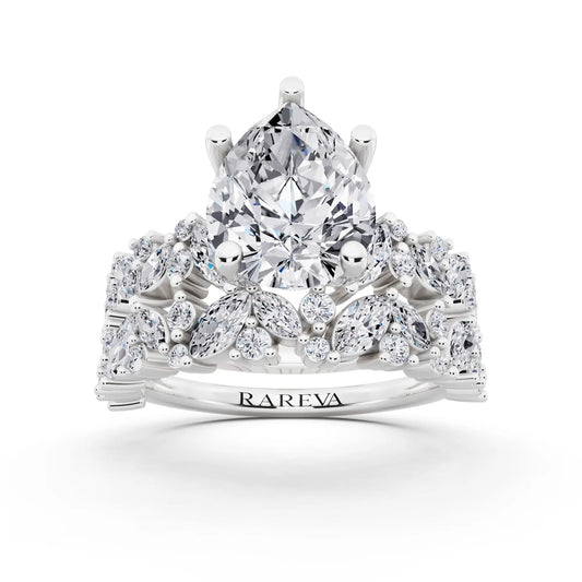 14 KT White Gold Pear Cut Diamond Ring with Marquise Cluster Band - front view