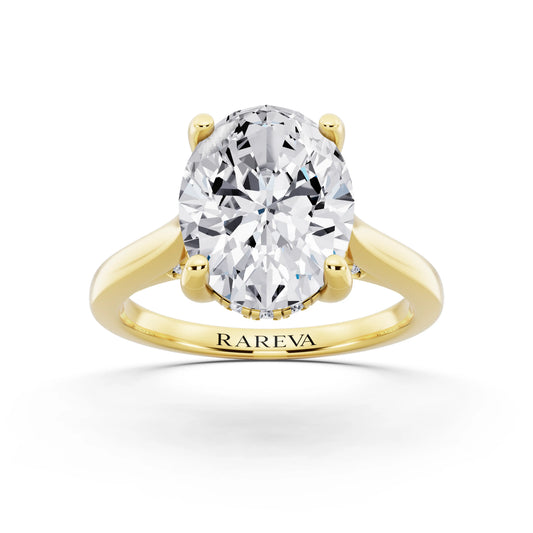 14 KT Yellow Gold Oval Cut Diamond Solitaire Ring with Cathedral Band - front view