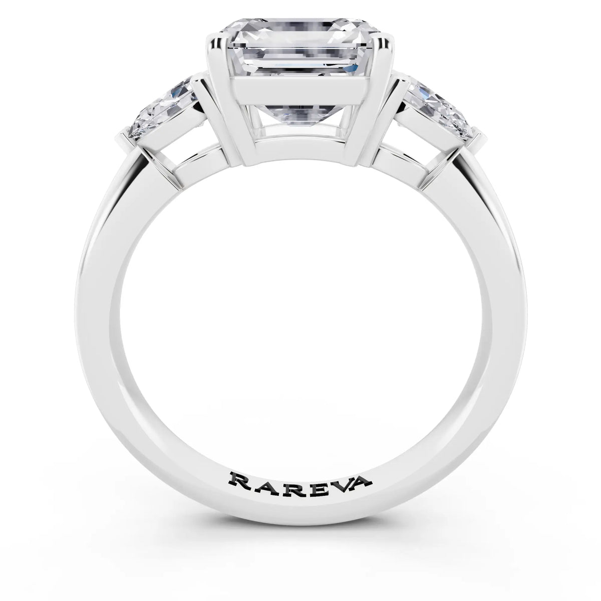 14 KT White Gold Asscher Cut Diamond Three Stone Pear Accent Ring - through finger