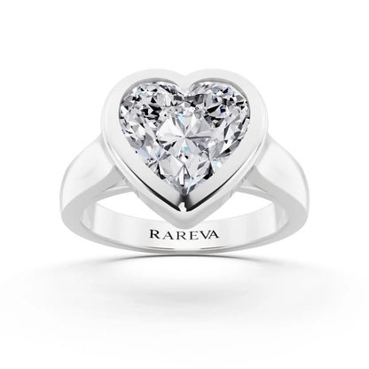 14 KT White Gold Heart Cut Diamond Bezel Set Solitaire Ring - front view