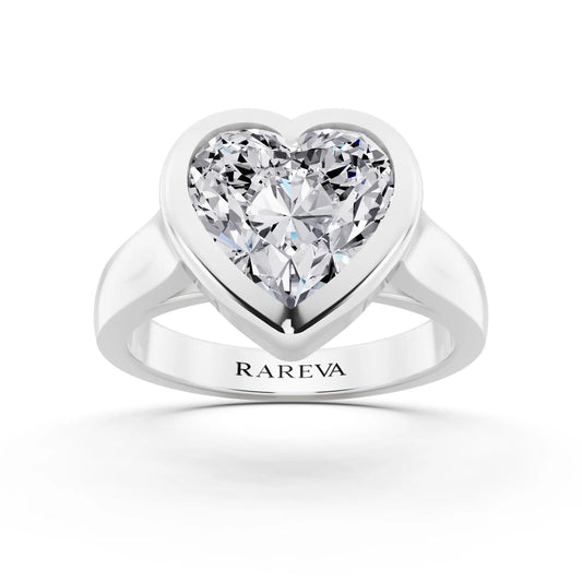 14 KT White Gold Heart Cut Diamond Bezel Set Solitaire Ring - front view