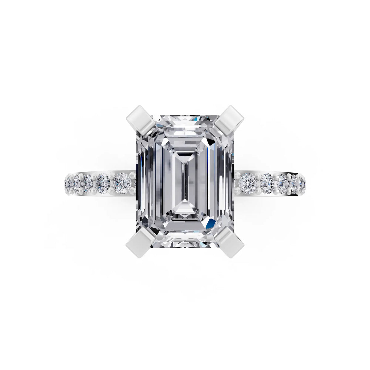 18 KT White Gold Emerald Cut Diamond Solitaire Ring with Pave Shank - top angle