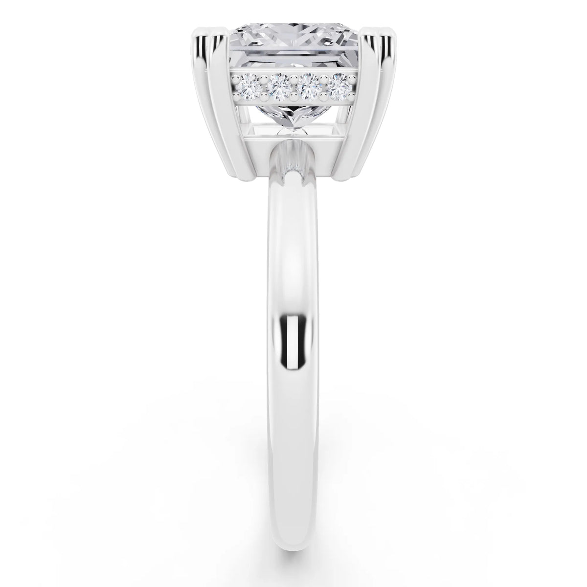 14 KT White Gold Princess Cut Diamond Solitaire Ring with Hidden Accent Basket - side view