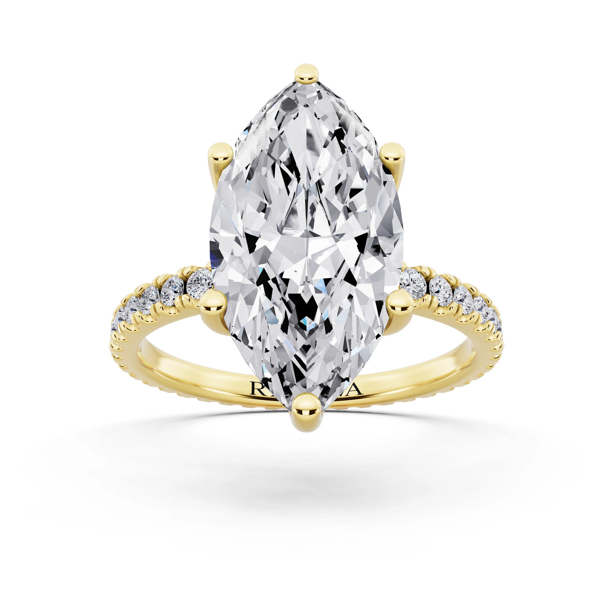 14 KT Yellow Gold Marquise Cut Diamond Solitaire Ring with Pave Eternity Band - front view