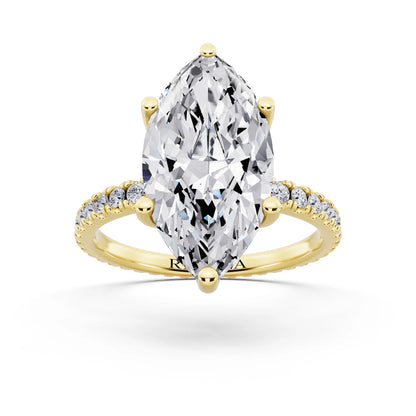 14 KT Yellow Gold Marquise Cut Diamond Solitaire Ring with Pave Eternity Band - front view