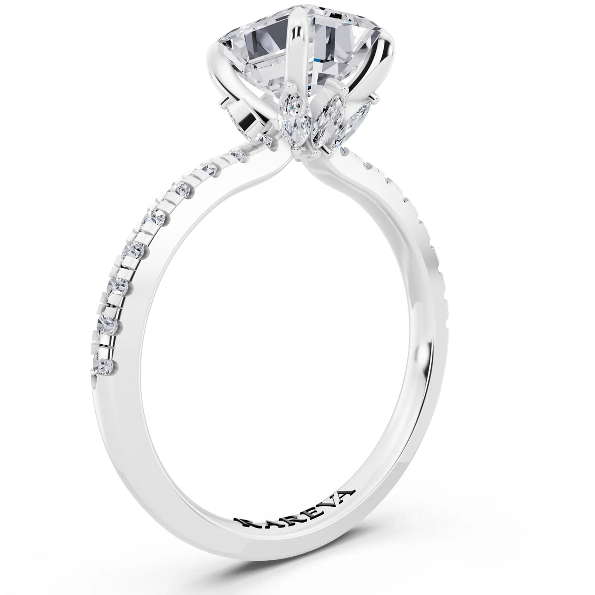 Platinum Emerald Cut Diamond Solitaire Ring with Marquise Collar - top view