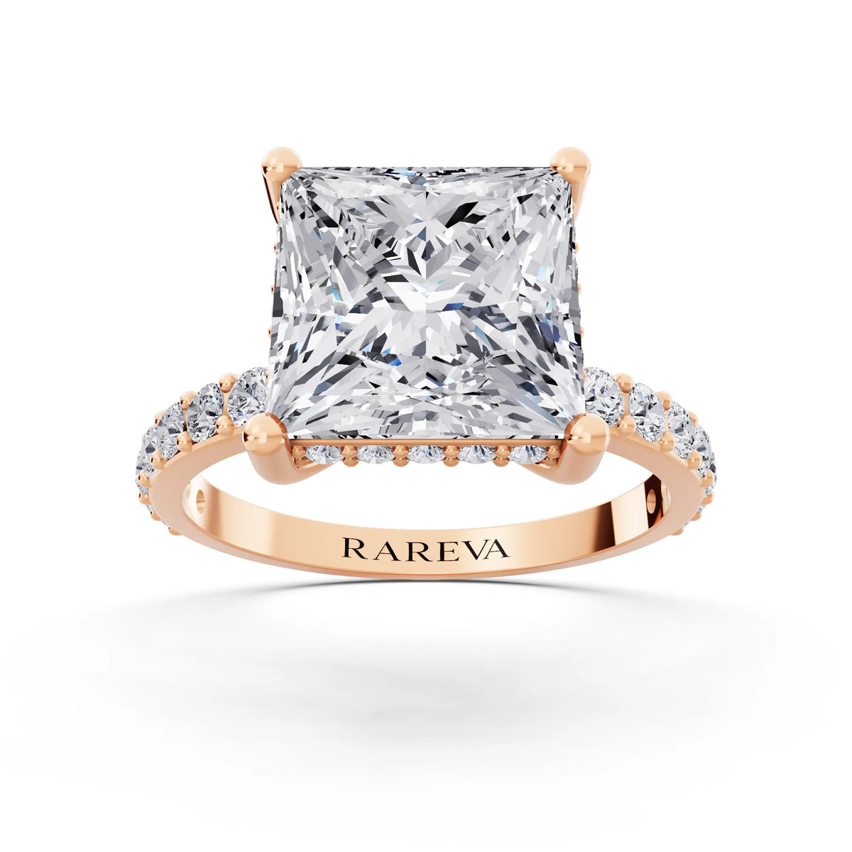 18 KT Rose Gold Princess Cut Diamond Solitaire Ring with Hidden Halo and Pave Band - front view