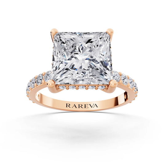 18 KT Rose Gold Princess Cut Diamond Solitaire Ring with Hidden Halo and Pave Band - front view