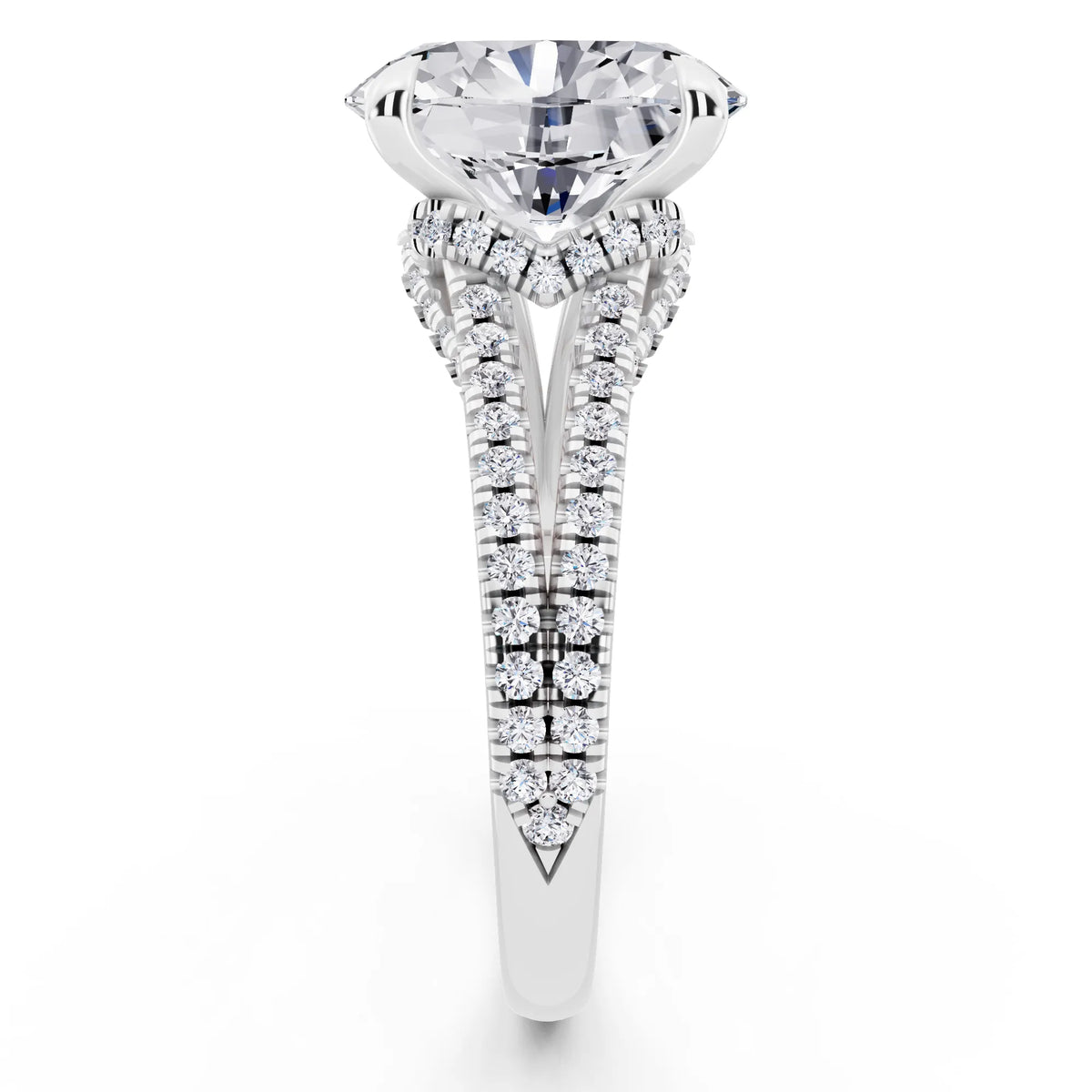 Platinum Oval Cut Diamond Ring with Pavé Split Shank - side view