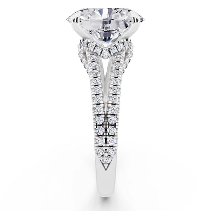 Platinum Oval Cut Diamond Ring with Pavé Split Shank - side view